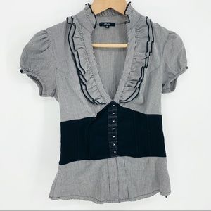 Fitted Corset Top Vintage Ruffle Stripe Goth Plunge Black White Cotton Blouse